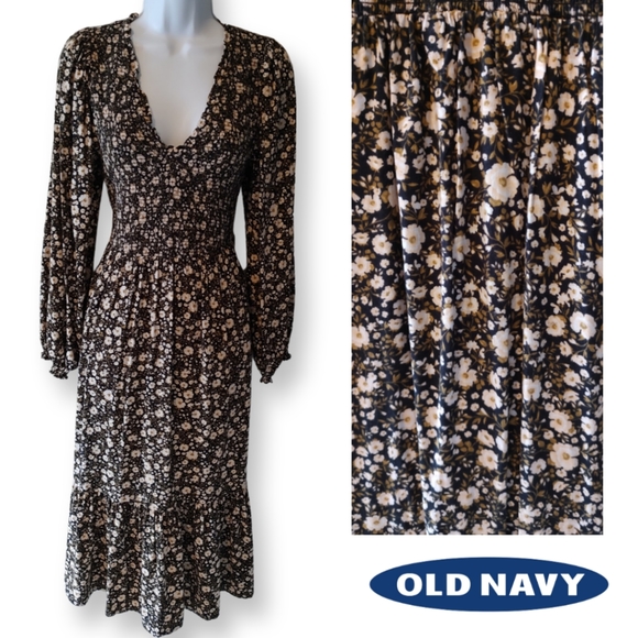 Old Navy Dresses & Skirts - Old Navy Floral Peasant Dress, Size Small, Black Brown White